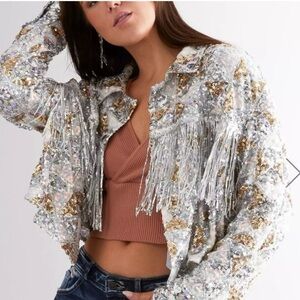Large Miss Me Silver and Gold, Fringe, Sequin, Sparkle, Button, Crop Jacket
